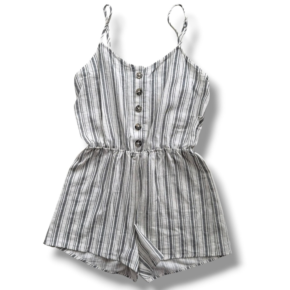 Heart & Hips Women S Cream Black Striped Linen Blend Tank V-Neck Romper Nautical